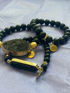 Kinsley Armelle Black Beaded Druzy Accent Bracelet Set with Gold Tags
